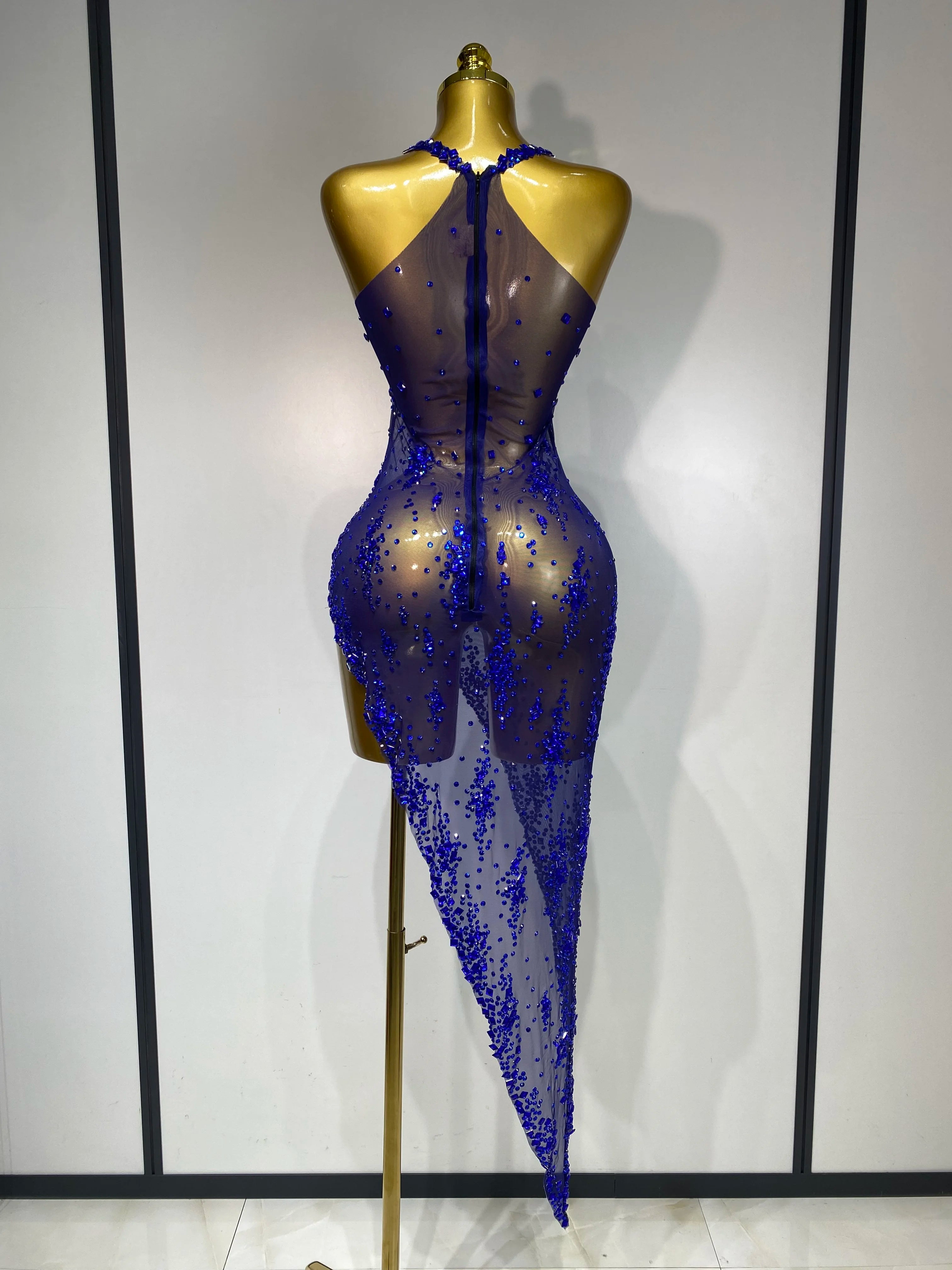 Women Sexy Luxury Birthday Prom Gowns Sparkly Diamond See Through Mesh Stretch Asymmetrical Dress Celebrity Elegant Stage Outfit