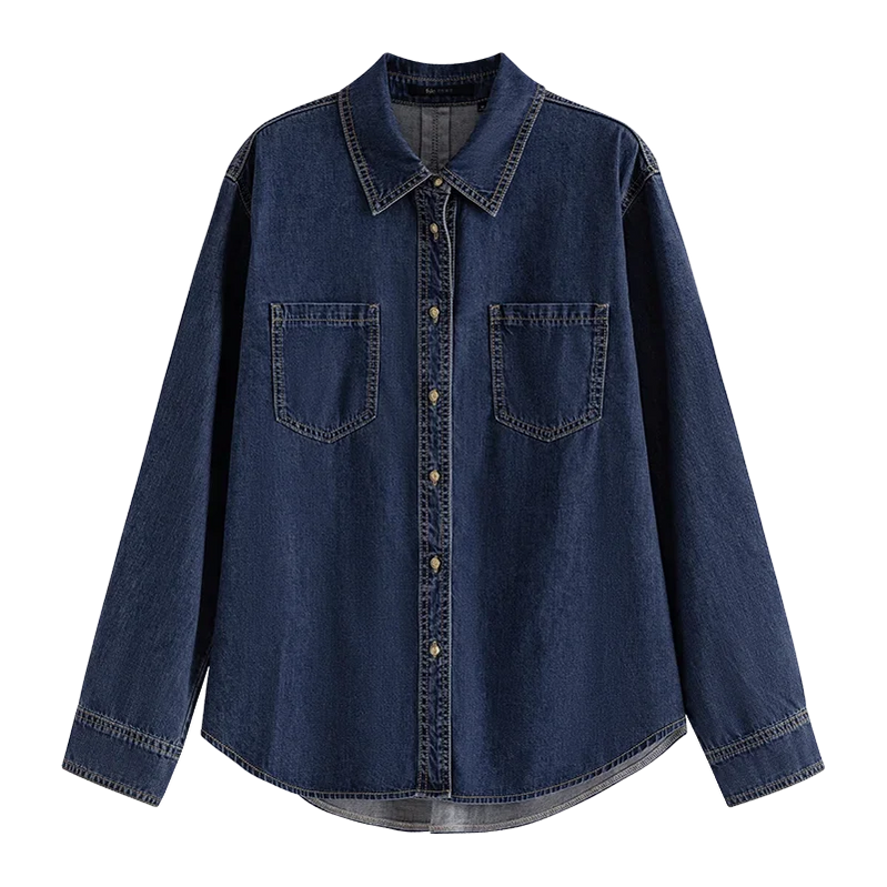 Deep Blue Soft Denim Shirt Women's Autumn Winter Long Sleeved Retro Casual Layered Shirt Blue Women Tops For Work Blue