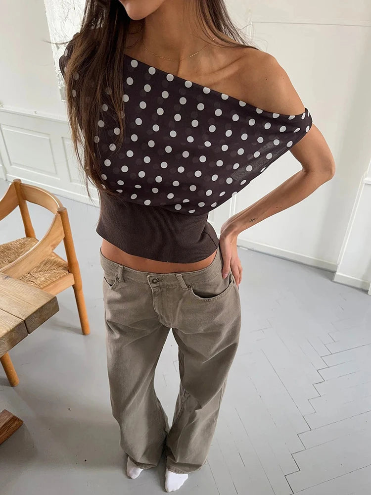Backless Polka Dot Crop Tops Women Vest Fashion Summer Oblique Shoulder Sleeveless Tank Tops Pullovers Female