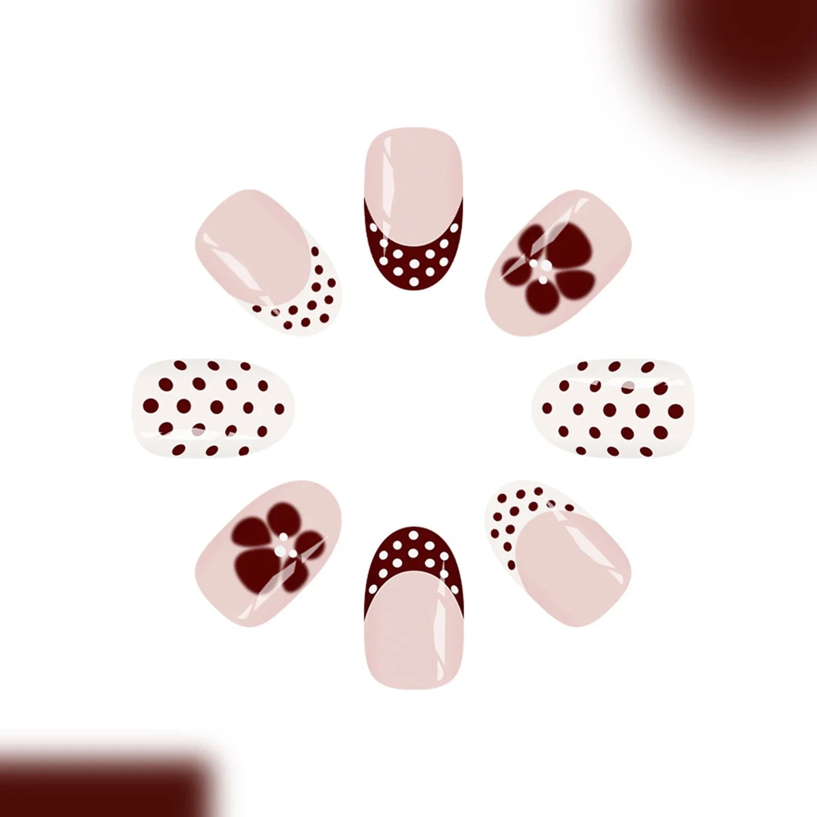 24Pcs Red Brown French Press on Nails Polka Dot Flower Printed Short Oval Shaped Fake Nails Nude Color Charm Manicure Nails Art