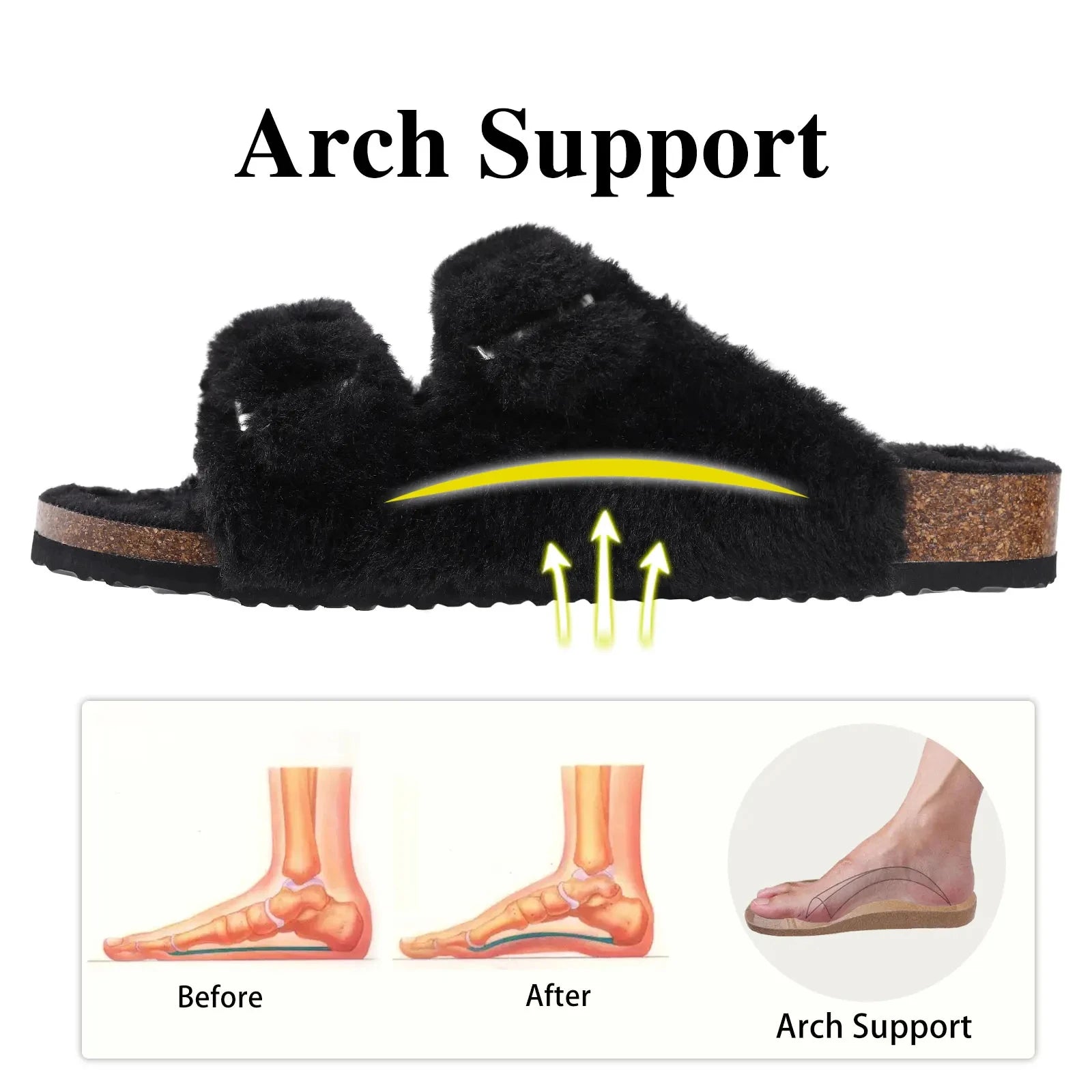 Cork Plush Flip Flops Clogs For Women Slippers Winter Furry Fluffy House Slippers With Arch Support Fuzzy Fur Flip Flops