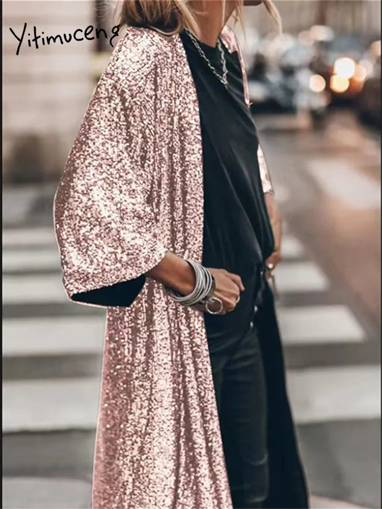 Fashion Sequins Jacket for Women Fall Winter Oversized Casual Party Coats Ladies Chic Long Sleeve Y2k Coats