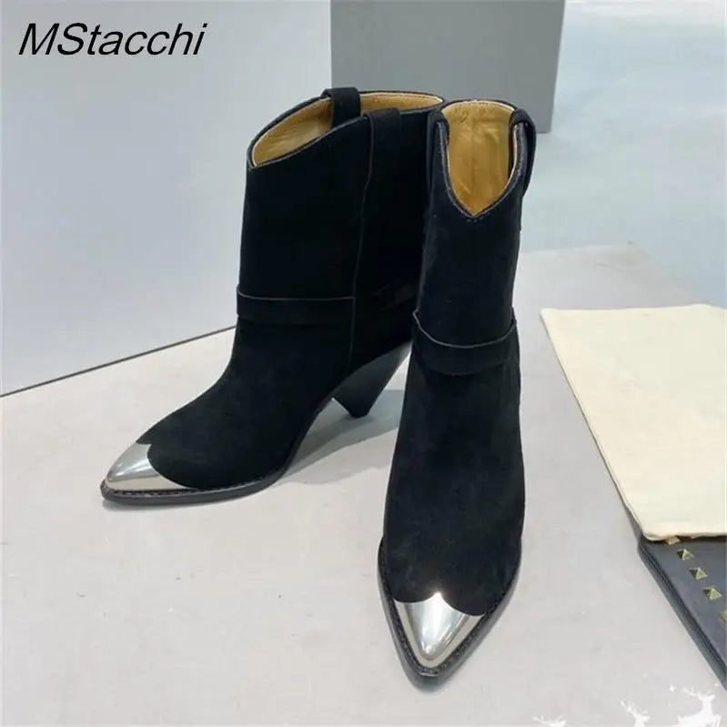 Metal Toe Women's Knight Boots Elegant Genuine Suede Leather Short Boots Ladies Strange Heel Shoes Women Slip-on Mid-calf Boots