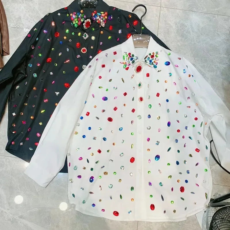 Female Rainbow Color Diamonds Shirts Rhinestones Beaded White Blouse Spring Fall Single Breasted Vintage OL Cardigan Tops Blusas