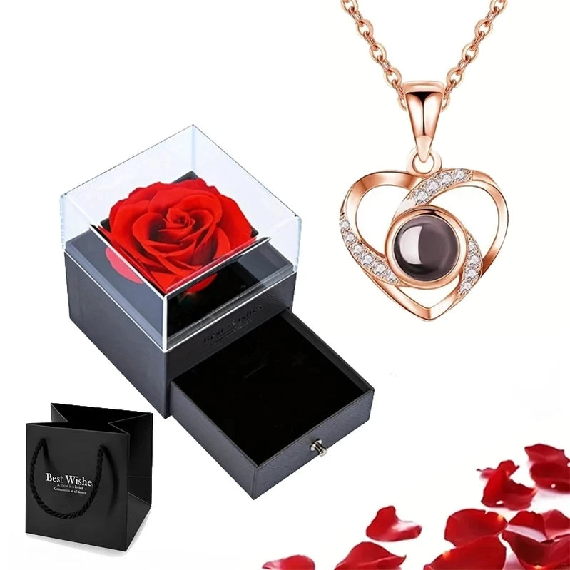 Projection Necklace Set With Rose Gift Box 100 Languages I Love You Heart Pendant Jewelry Accessories gold-03 45cm