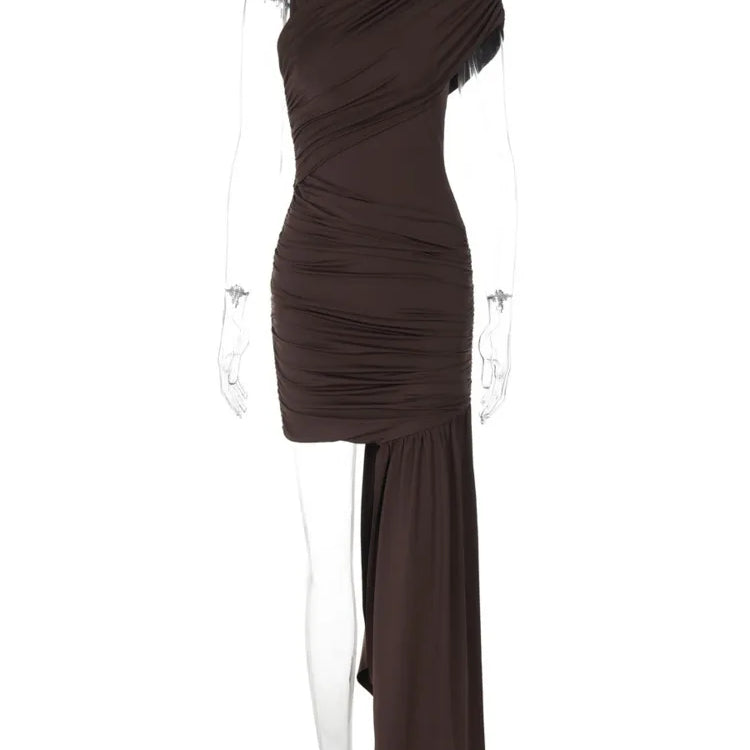 Irregular Draped Ruched Sexy Mini Dress For Women Elegant Turtleneck Sleeveless High Waist Pleated Club Party Dress