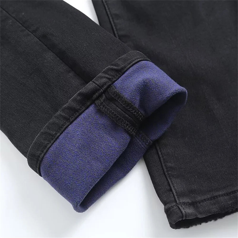 Velvet and Thickened Women's Fashion Two tone Vintage Elastic High Waist Zipper Flocked denim Pants Mujer