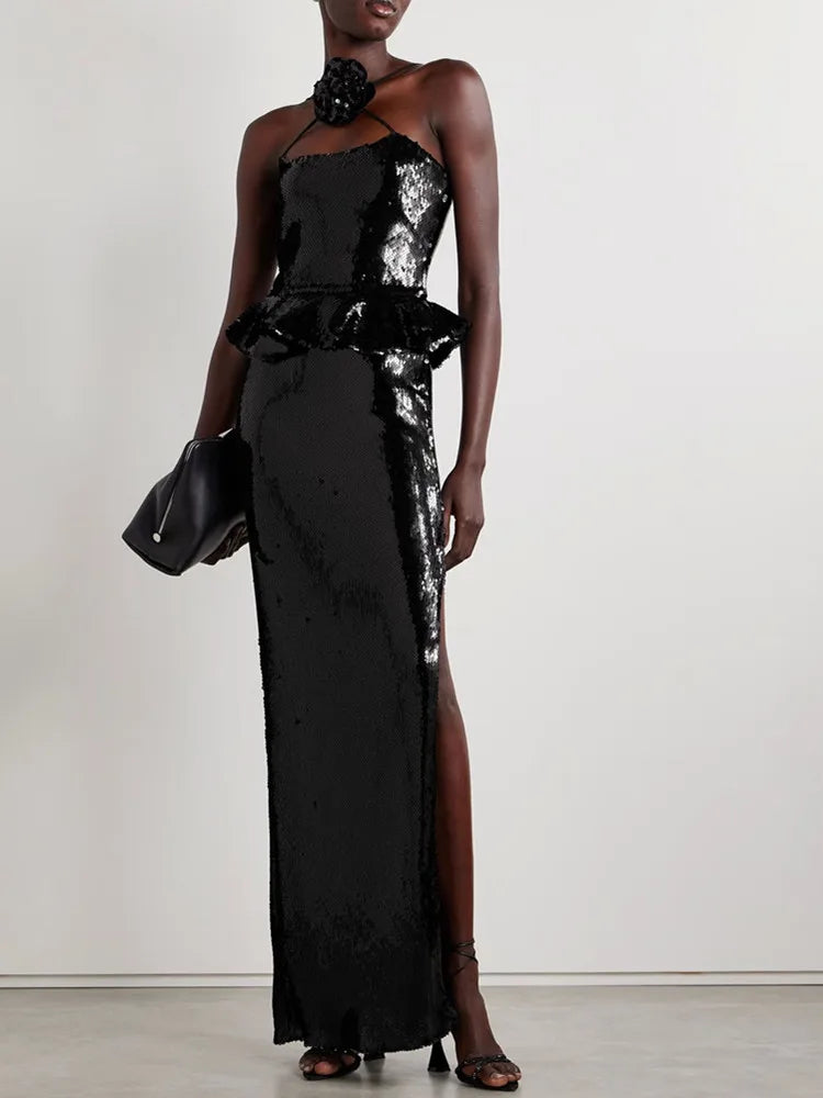 Luxury Women Celebrity Sexy Black Flower Mesh Sequins Maxi Long Gowns Dress 2025 Elegant Evening Party Club Vestido