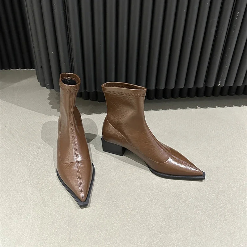 Autumn Women Ankle Boots Shoes Fashion Pointed Toe Ladies Short Boot Square Low Heel Casual Winter Women's Footwear Brown