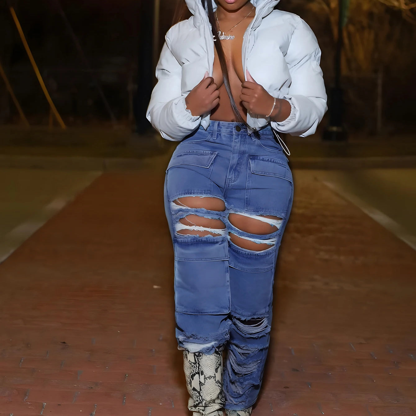 Women Straight Leg Ripped Jeans Fashion Flap Pocket Baggy Pants Vintage Street Hip-Hop Denim Trousers Mujer