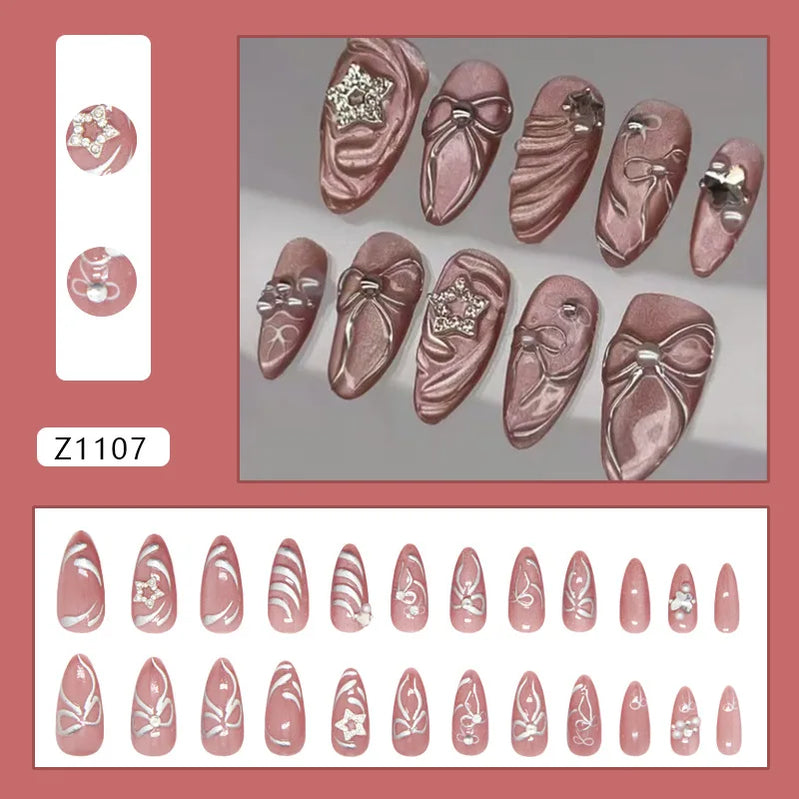 24pcs Flower Print Press on Nails Retro Color Blush Almond Fake Nail Tips Detachable Wearable Sweet Cool Spice Girl False Nails