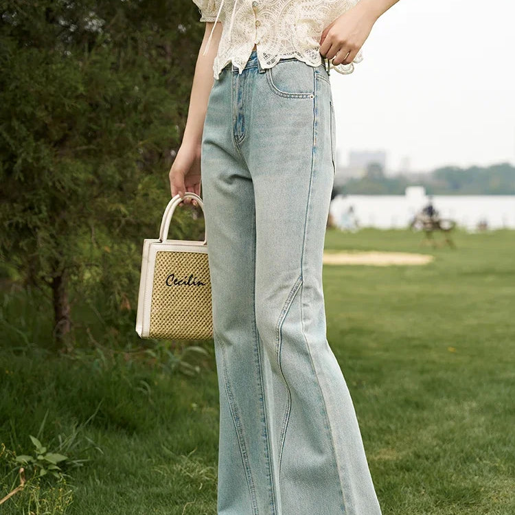 Flare Jeans for Women Retro Denim Blue Fashion Basic Straight High Waist Pockets Woman Full Length Pants MXC38K0108