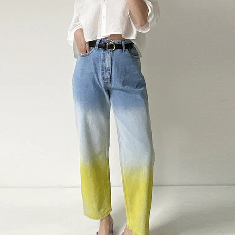 Fotvotee Jeans for Women Casual Gradient Denim Pants New Fashion High Waist Pockets Harem Pants Streetwear Ladies Y2k Jeans