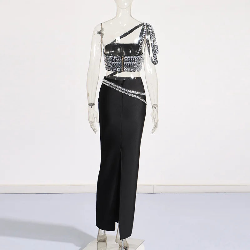 Vestido longo bandagem justo preto feminino, 2 peças, sexy, com cristais grandes, moda boate, festa, comemoração