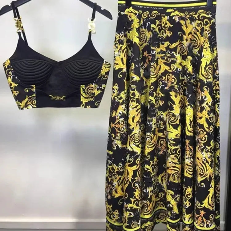 Summer Holiday Blue And White Porcelain Two Piece Set Women's Spaghetti Strap Padded Cup Zipper Print Short Top+Long Skirt Suits black