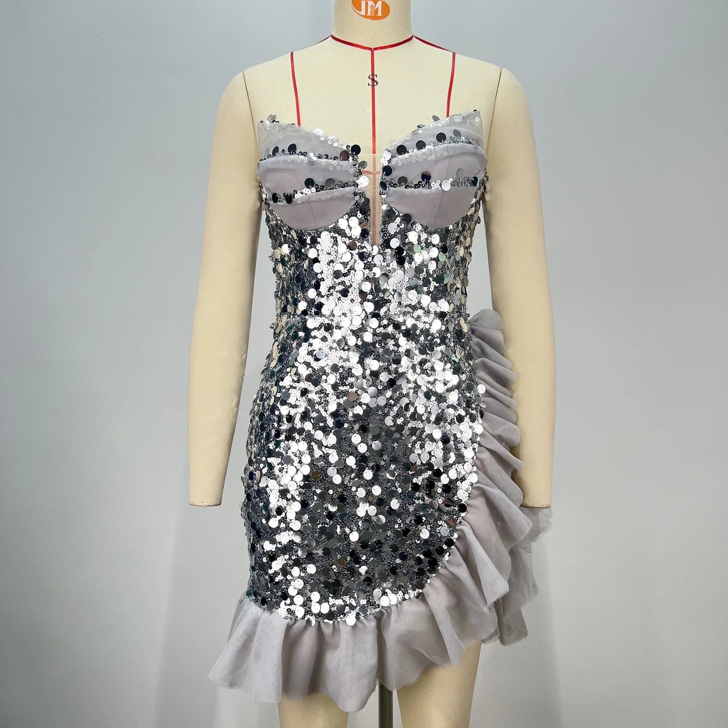 2024 Sliver Sequins Sexy Deep V Strapless Falbala Mini Dress Fashion Woman Evening Party Dress Celebrity Birthday Party Outfit