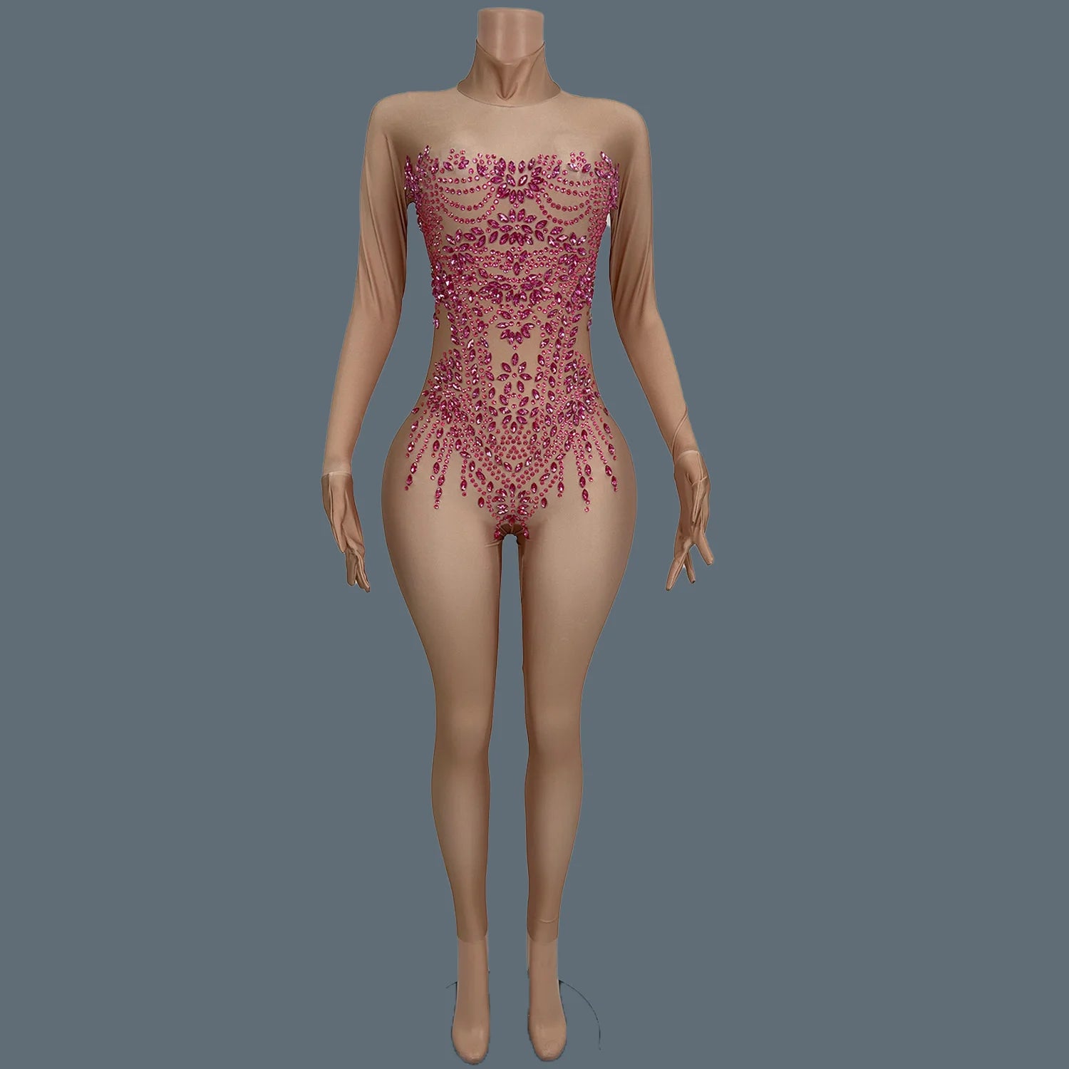 Sexy Women Long Sleeve Rhinestone Jumpsuit Gloves Festival Celebrate Party Outfit Club Stage Show Tight Fitting Jumpsuit Zhubao