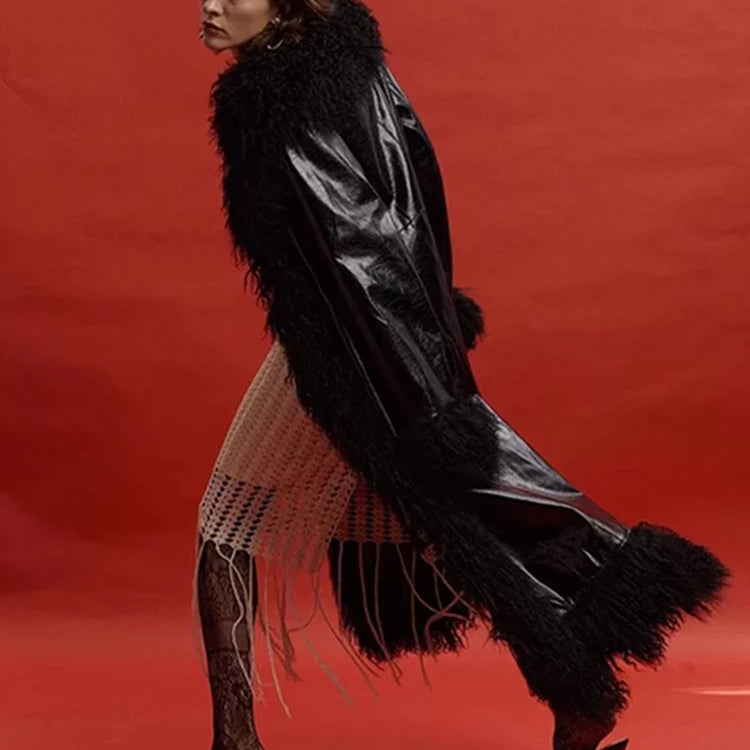 Spring Autumn Long Black Shiny Patent Pu Leather Coat Women with Faux Fur Trim Luxury Designer Clothing European Fashion