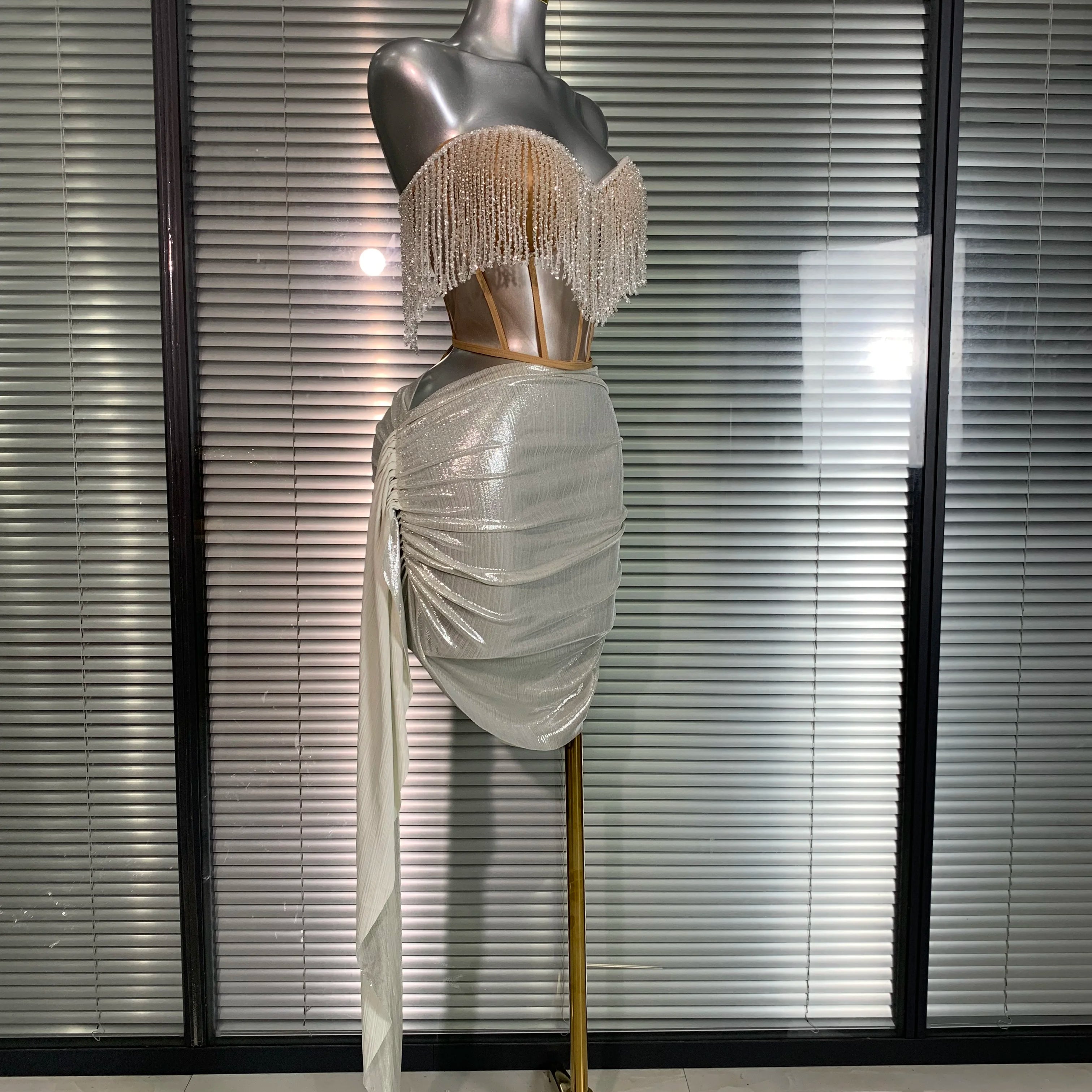 New Women Sexy Tassel Two Pieces Set Sparkly Night Club Skirt Suits Singer Dancer Stage Performance Costume