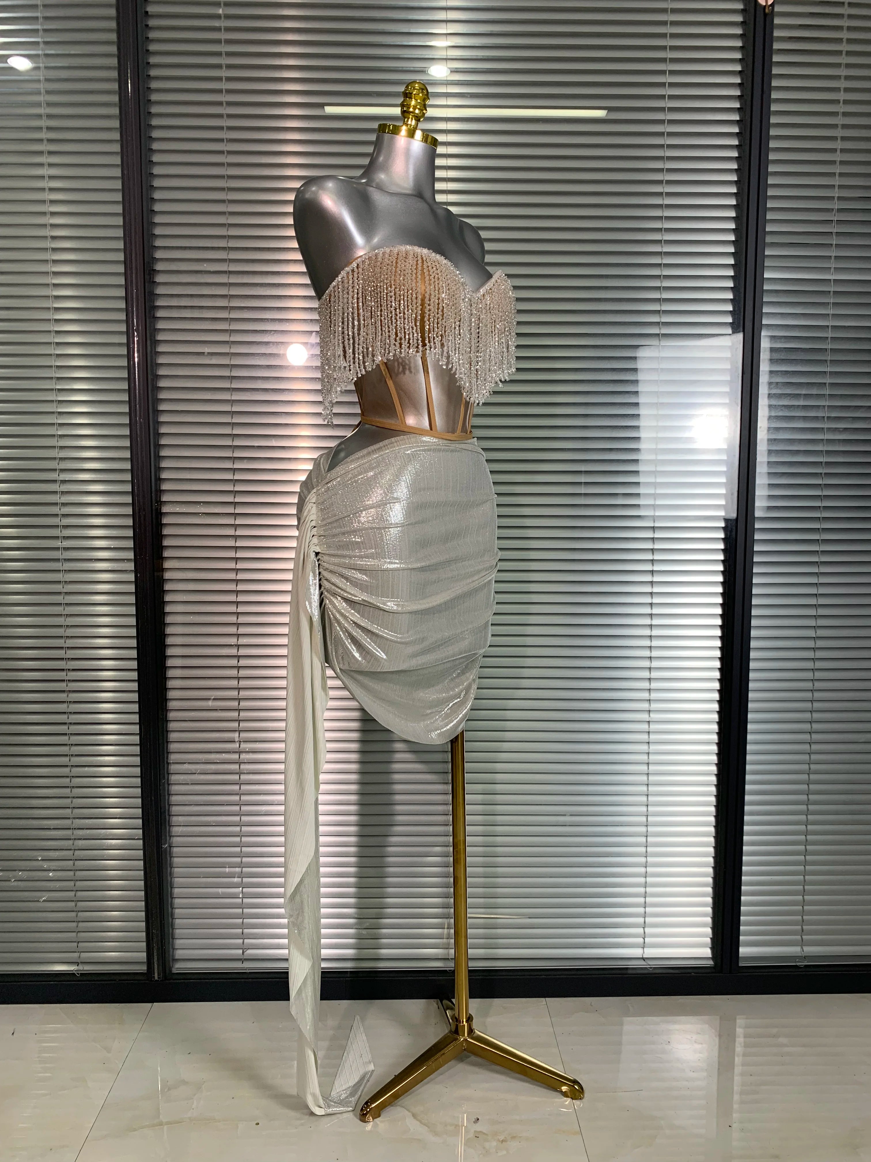 New Women Sexy Tassel Two Pieces Set Sparkly Night Club Skirt Suits Singer Dancer Stage Performance Costume