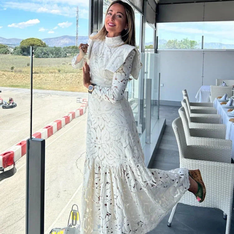 Elegant Hollowed Lace Maxi White Dress Women Fashion Mock Neck Long Sleeved Shoulder Padded Robes 2024 Evening Women's Clothing