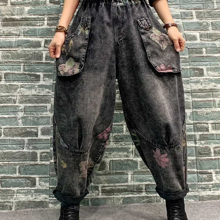 Spring Womens Fashion Jeans Ladies Loose Vintage Printed Denim Pants Females Classic Casual Floral Harem Trousers black One Size