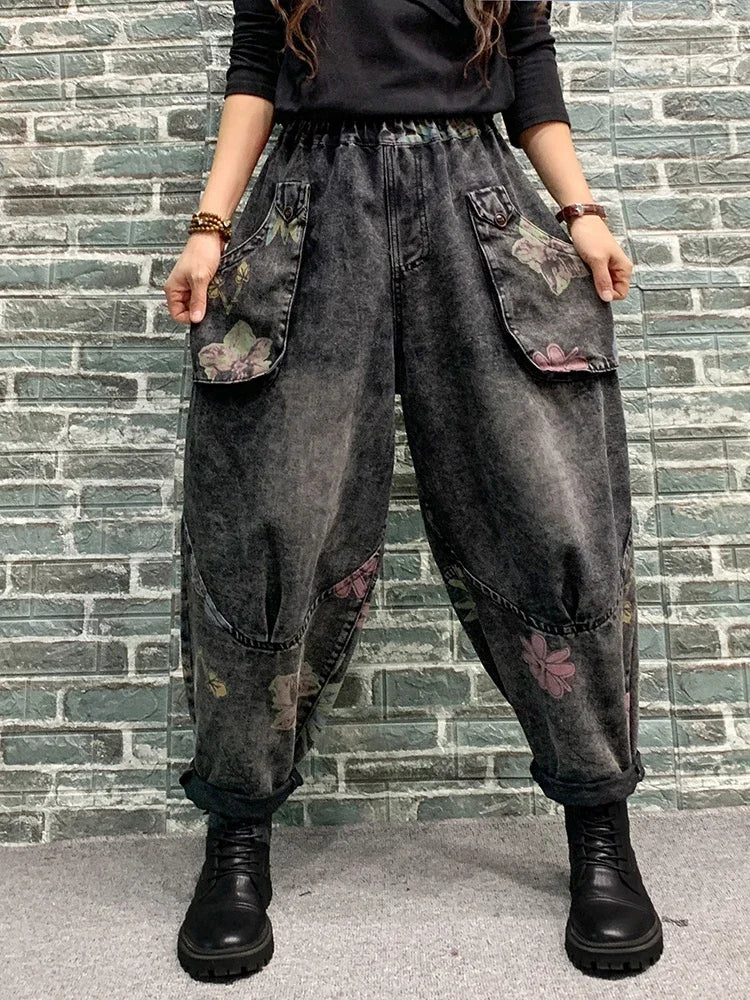 Spring Womens Fashion Jeans Ladies Loose Vintage Printed Denim Pants Females Classic Casual Floral Harem Trousers black One Size