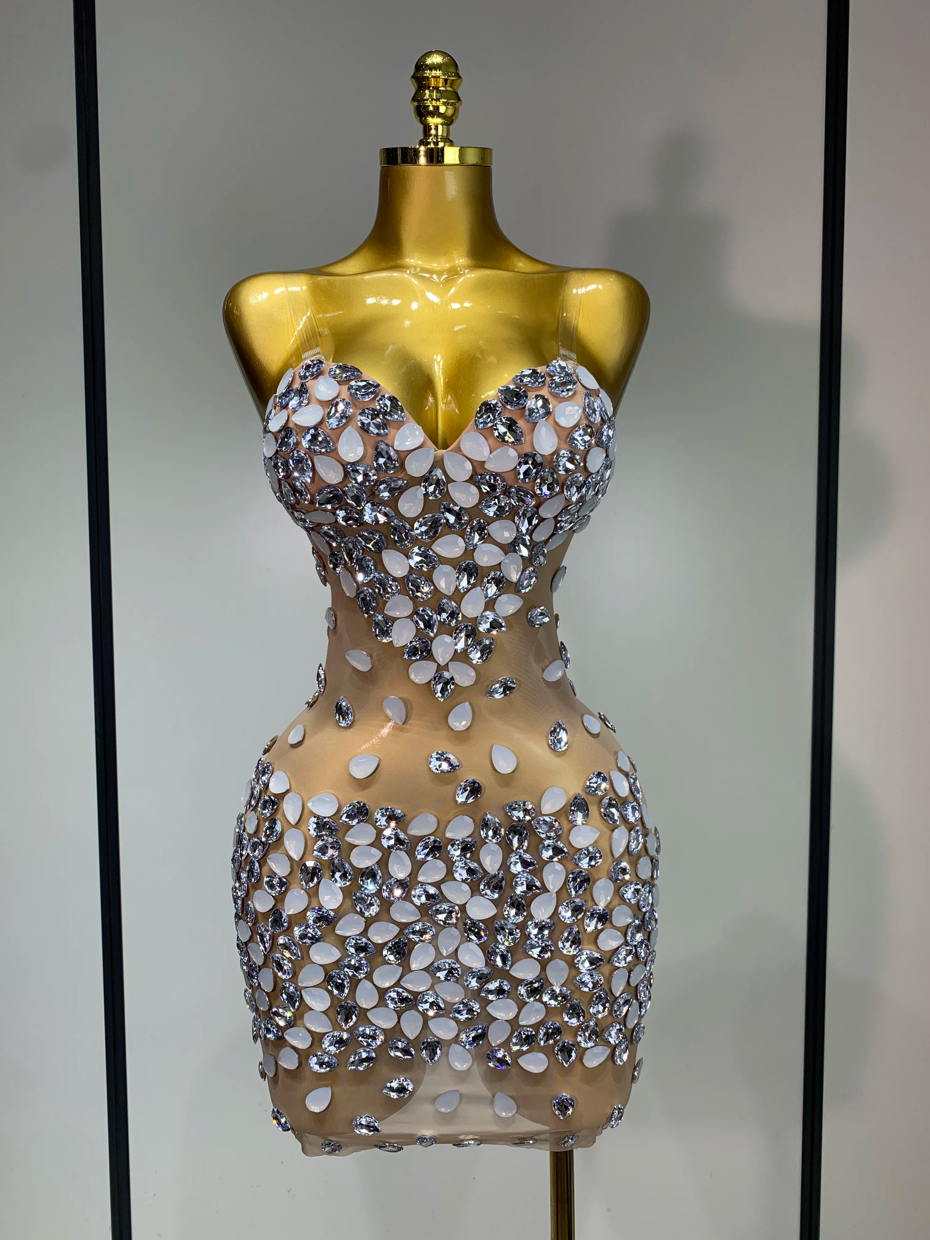 Sexy Sparkly Rhinestone Backless Mini Dress Women Sleeveless Mesh See Through Evening Party Luxury Birthday Gown Stage Outfit