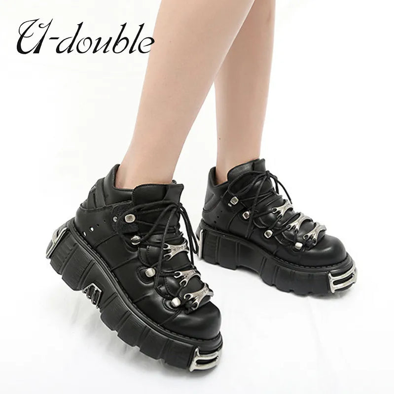 Punk Style Women Shoes Lace-up heel height 6CM Platform Shoes Woman Gothic Ankle Rock Boots Metal Decor Woman Sneakers