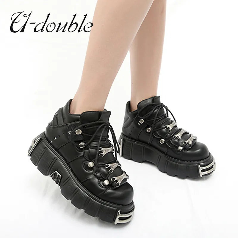 Punk Style Women Shoes Lace-up heel height 6CM Platform Shoes Woman Gothic Ankle Rock Boots Metal Decor Woman Sneakers