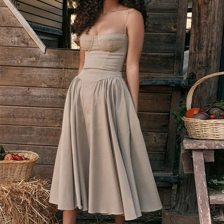 Suninheart Summer Elegant Midi Spaghetti Strap Dresses Slim V Neck A Line Party Dress Khaki Casual Dress Women's Clothing
