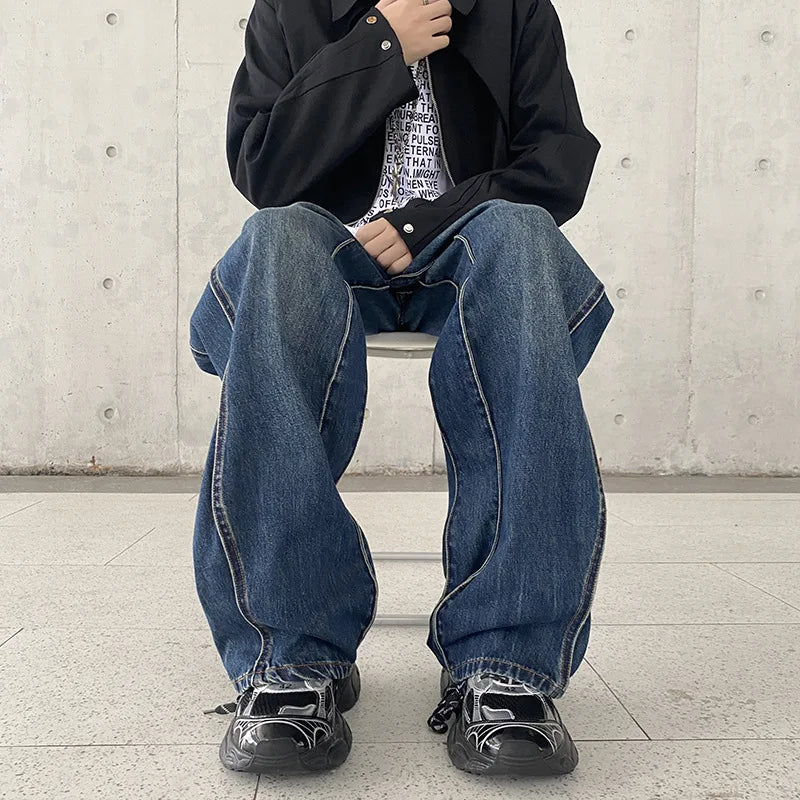 Autumn and Winter American Style Trendy Brand Irregular Curve Cut Jeans Men's Straight Loose All-match Long Pants