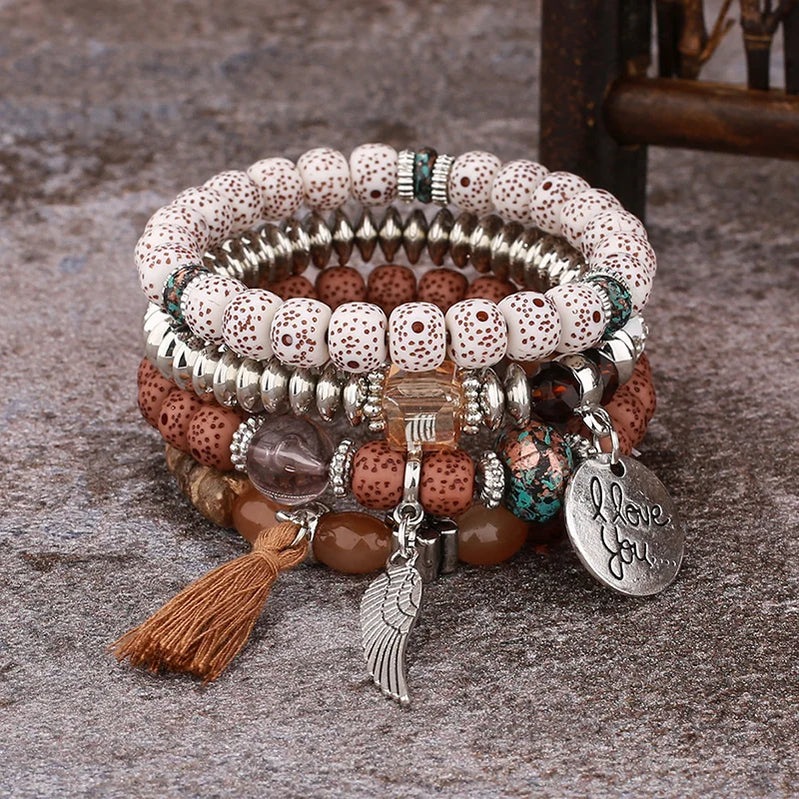 4Pcs Bohemian Women Pink Tassel Bracelet Set For Female I Love You Feather Round Charm Beads Chain Bangle Fashion Party Jewelry