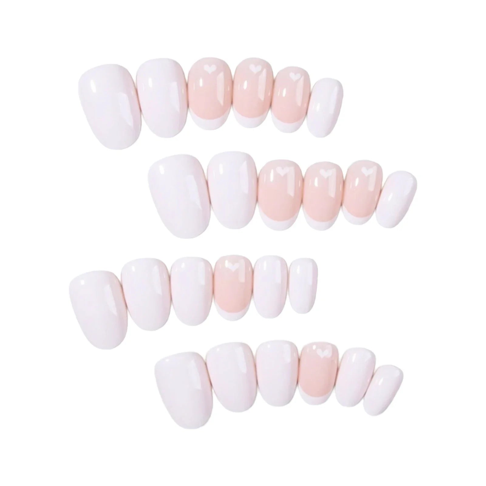 Short Oval Shaped False Nails for Women 24Pcs White French Press On Nails Love Heart Printed Wearable Acrylic Fake Nails Patches