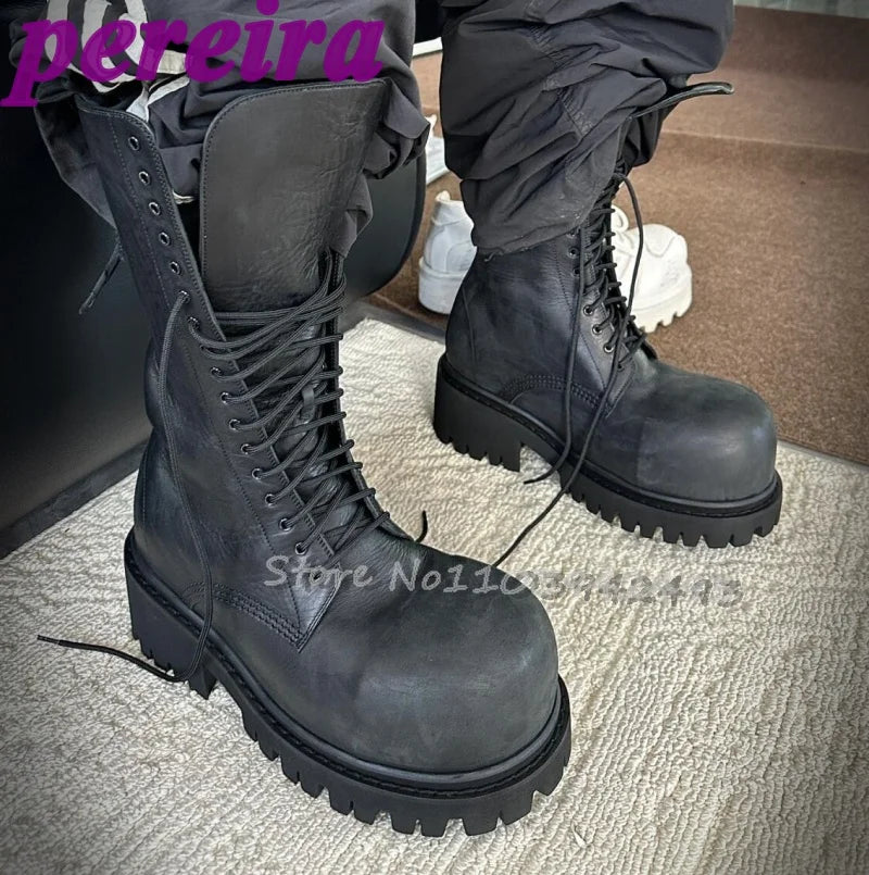 Lace Up Boots Big Round Toe Botas Women Man Luxury Designer Shoes Autumn Winter Booties 2025 Zapatos De Mujer Solid Sarpe New