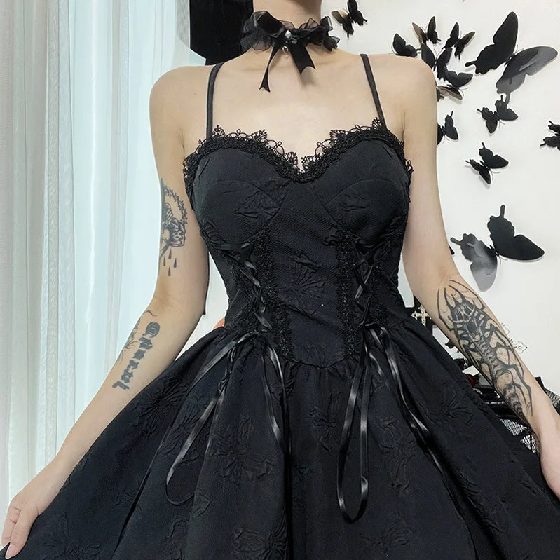 Goth Dark Tie Up Mall Gothic Elegant Women Dresses Grunge Aesthetic Jacquard A-Line Dress Emo Lace Trim Black Party Alt Clothes