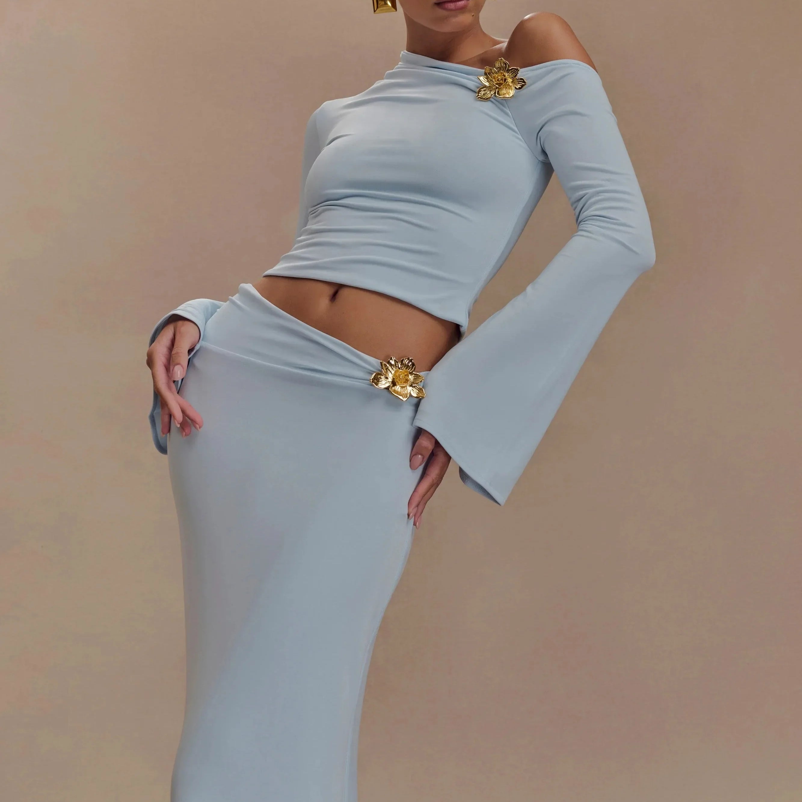 Red Skyblue Women Long Sleeve Sexy 2 Pieces Thin Bodycon Long Dress Celebrate Nightclub Party Fashion Birthday Outfit