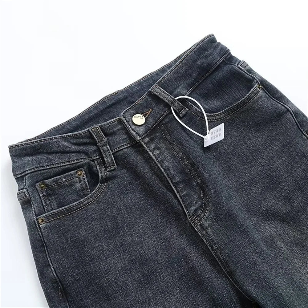 Velvet and Thickened Women's Fashion Two tone Vintage Elastic High Waist Zipper Flocked denim Pants Mujer