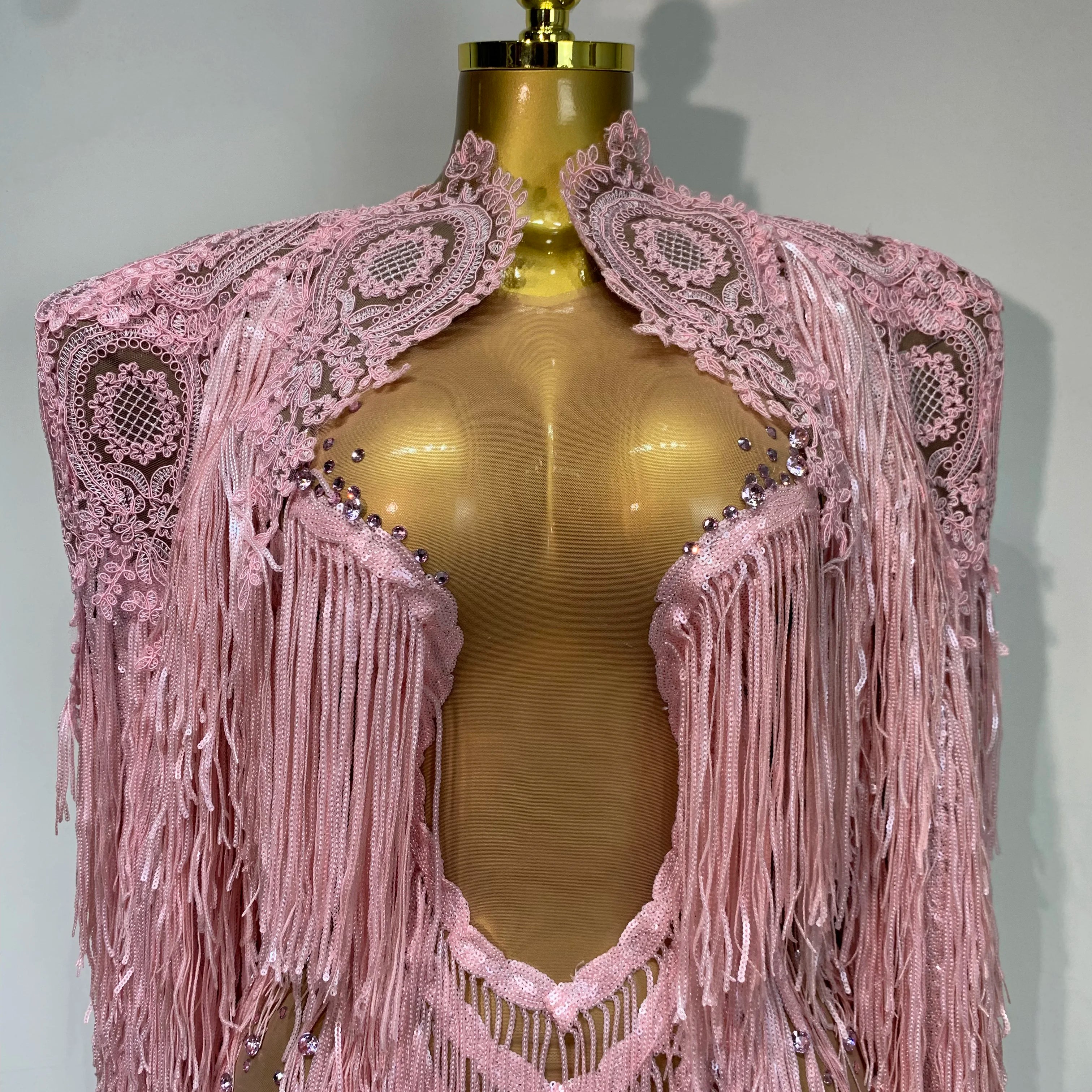 Women Sexy Transparent Long Sleeve Bodycon Dress Two Piece Set Luxury Sequin Fringes Evening Party Celebrity Performance Costume