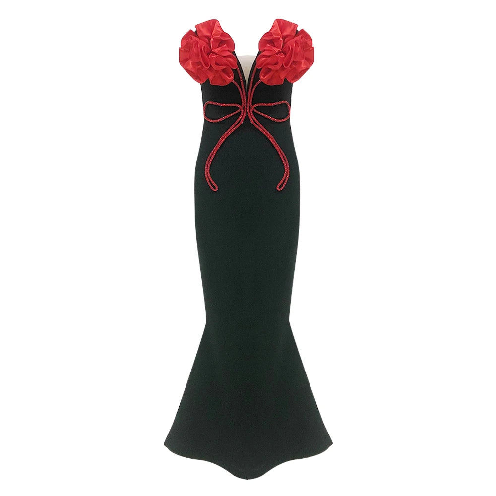 New Arrival Black Red Florals Sexy Strapless Diamond Line Bodycon Bandage Long Dress Fashion Celebrate Nightclub Party Wear