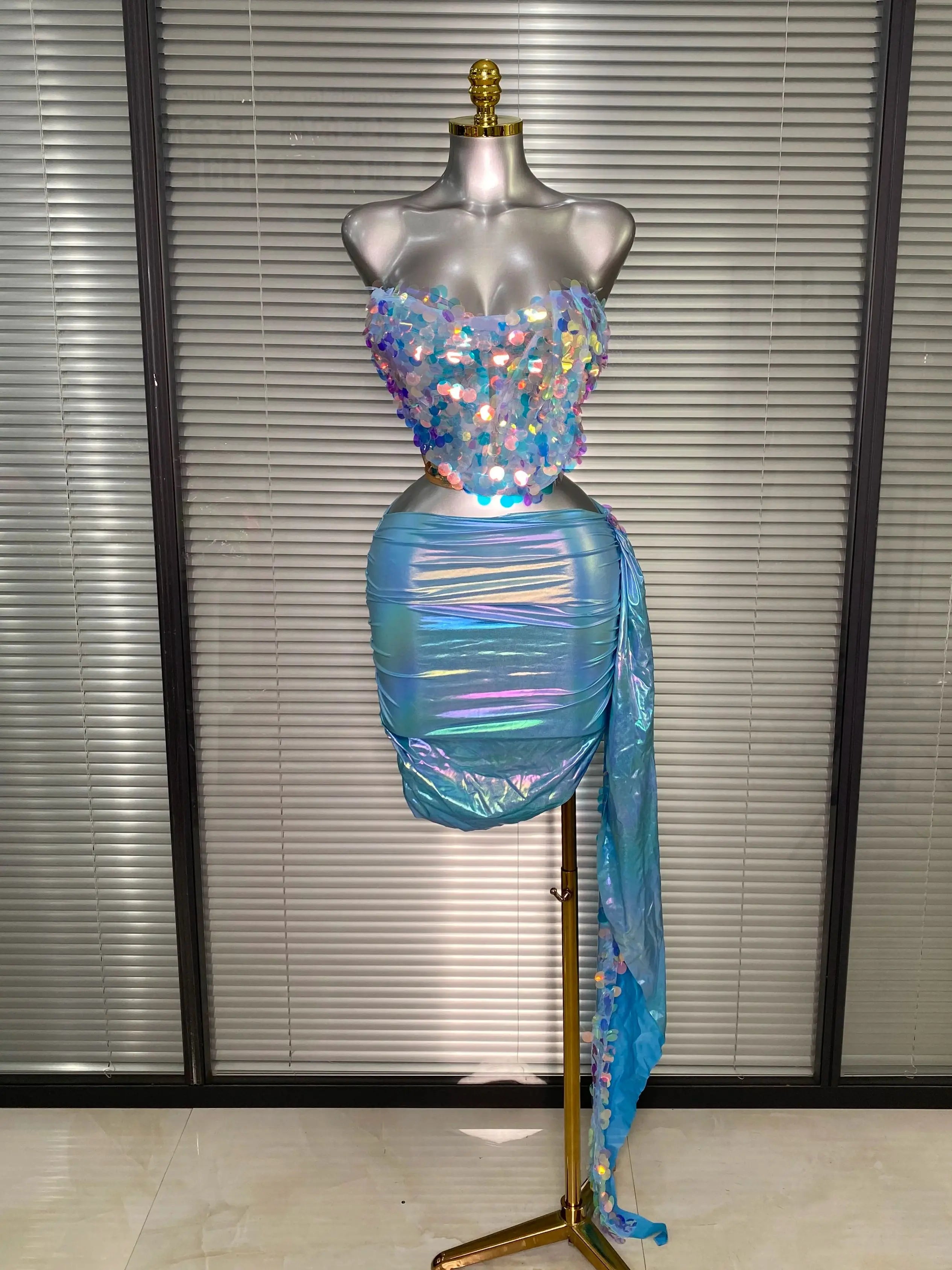 Women Sexy Sequins Blue Two Pieces Set Colorful Crystal Diamonds Night Club Sparkly Skirt Suits Singer Dancer Stage Costume