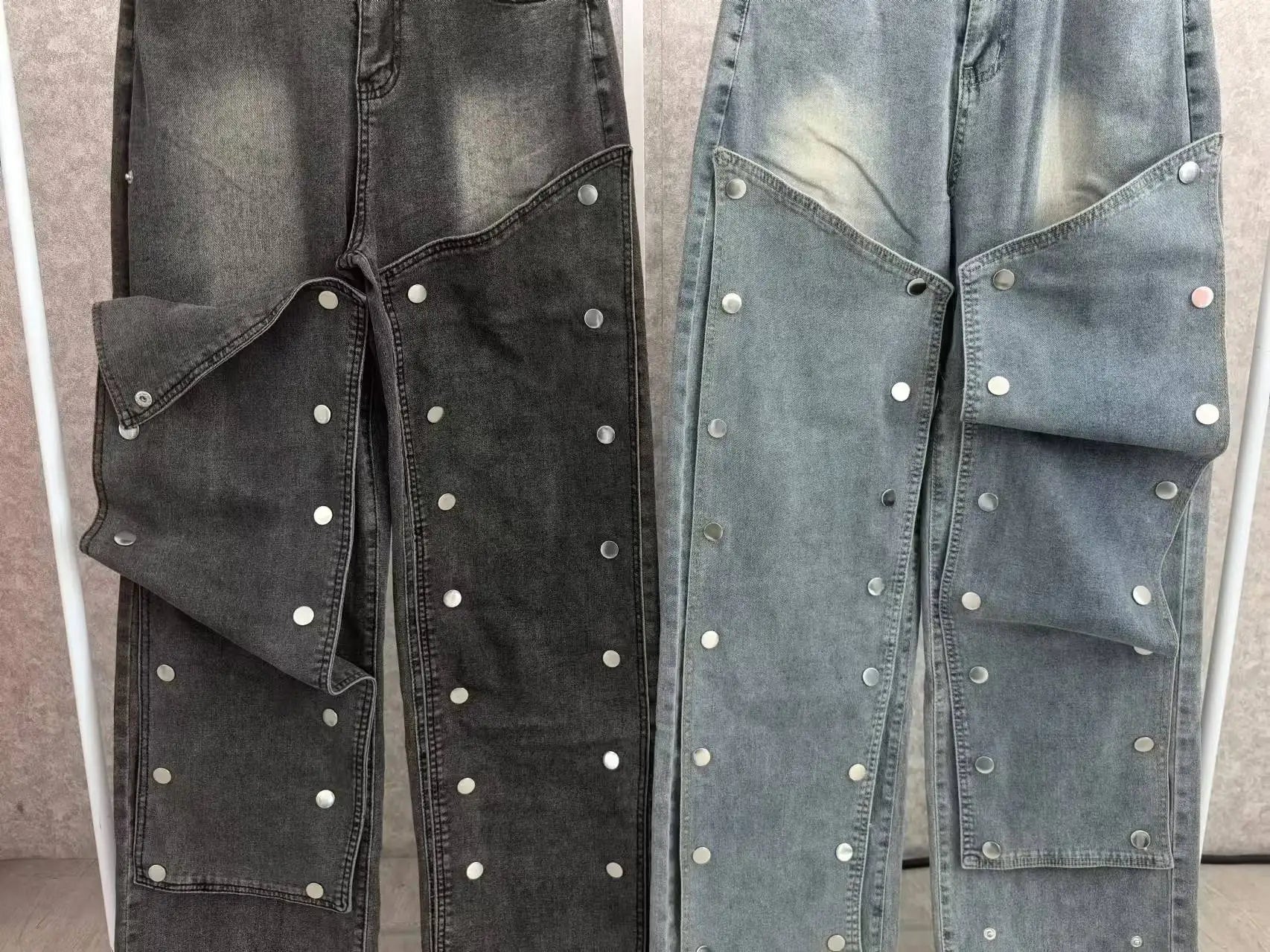 CM.YAYA Women Streetwear Button Cutout Cargo Straight Denim Wide Leg Jeans Pants 2024 INS Elastic Fashion Party Cargo Trousers