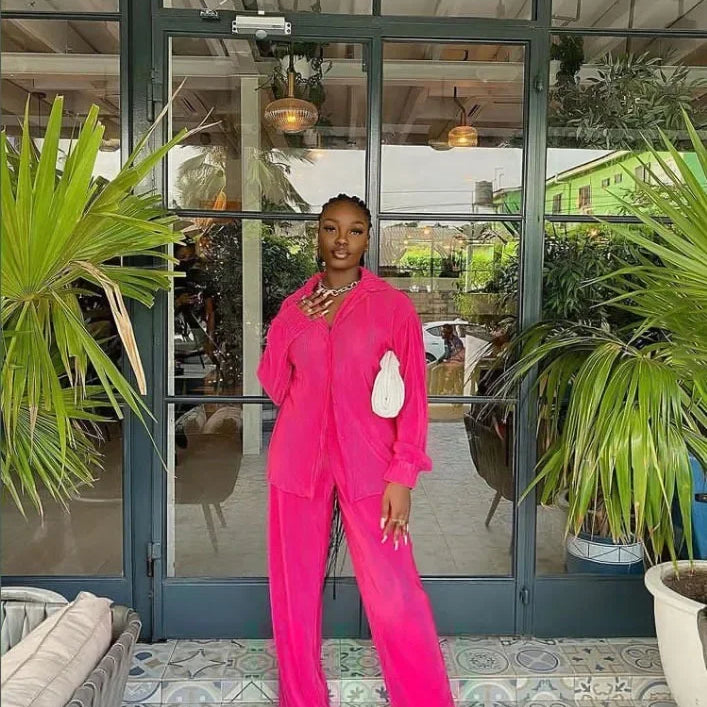 CM.YAYA Street Women's Set Long Sleeve Shirt Tops and Wide Leg Pants Elegant Tracksuit Two Piece Set Sweatsuit Fitness Outfits