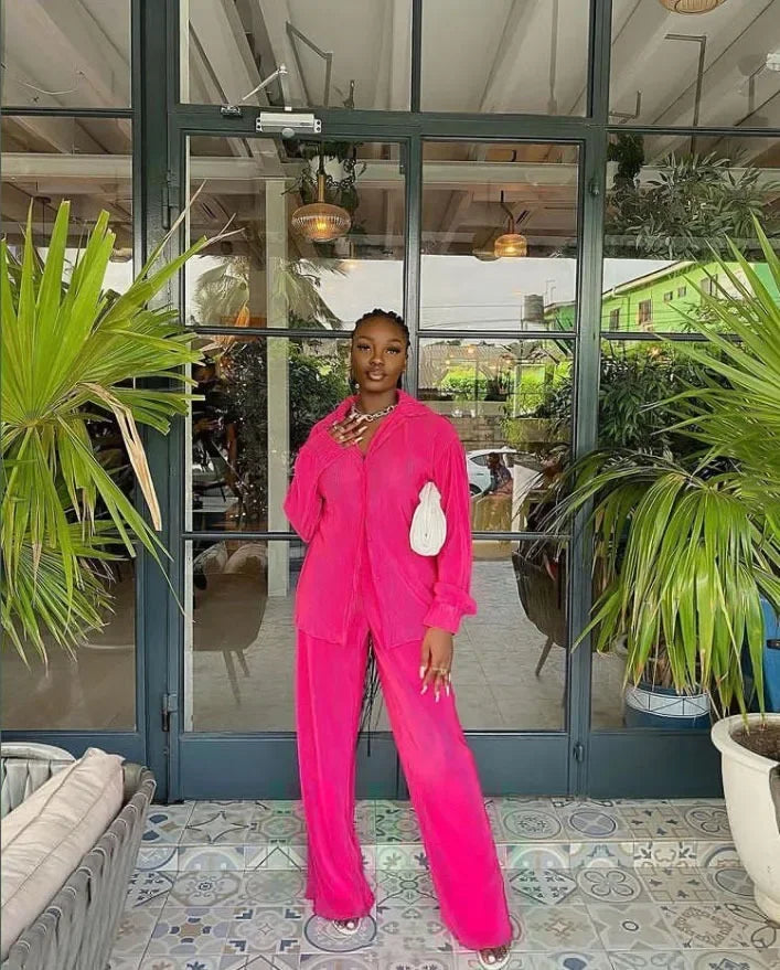 CM.YAYA Street Women's Set Long Sleeve Shirt Tops and Wide Leg Pants Elegant Tracksuit Two Piece Set Sweatsuit Fitness Outfits