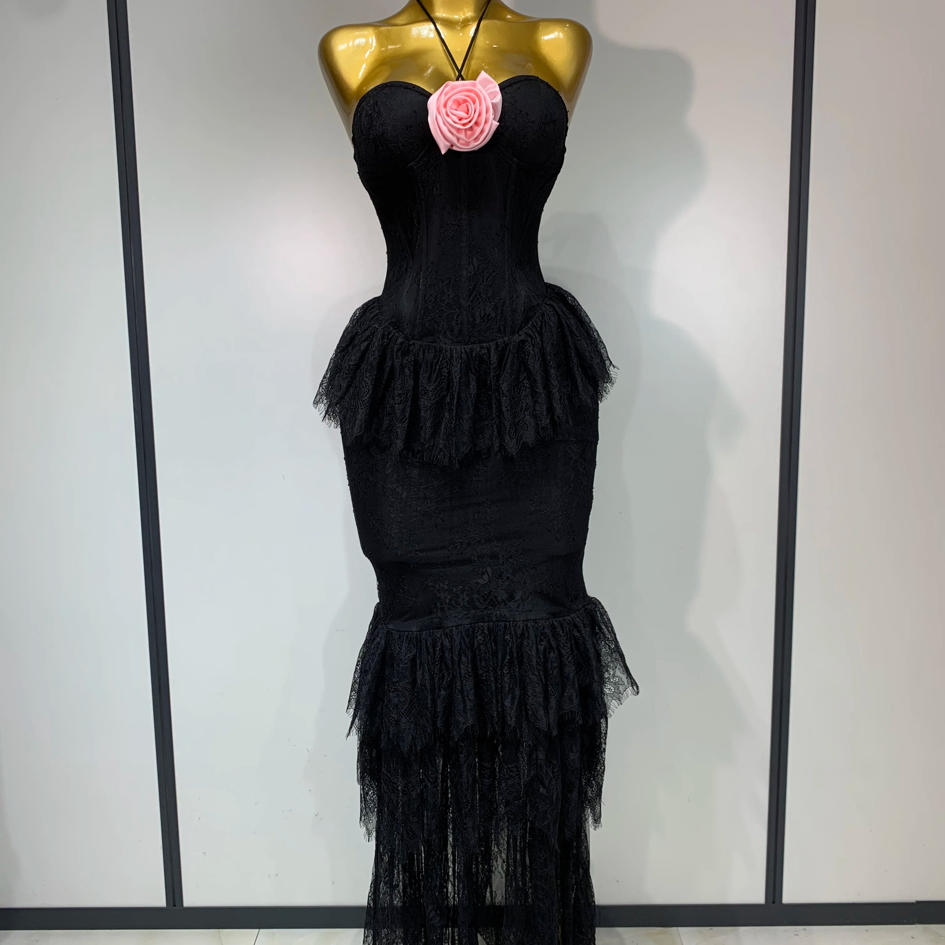 Luxury Sexy Lace Halter Flower Ruffles Long Dress Women Black Sleeveless Backless Bodycon Dresses Evening Party Birthday Dress