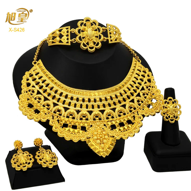 Indian Big Plated Gold Jewelry Women Necklace Sets Dubai African Party Bridal Wedding Gifts Arabic Necklace Jewelry Sets S-426