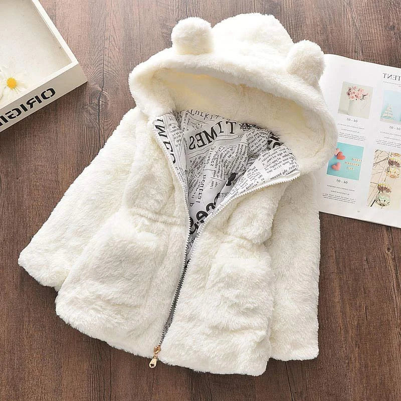 Winter Baby Girls Clothes Faux Fur Coat Fleece Jacket Warm Snowsuit Hooded Parka Children's Outerwear Autumn Clothing AZ1773 White