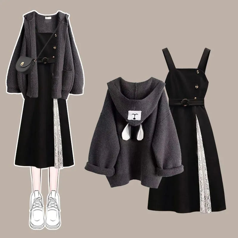 Autumn/Winter New Fashion Hooded Knit Sweater Dress Two Piece Suit Women's Korean Elegant Cardigan Strap Skirt Matching Set Set 01