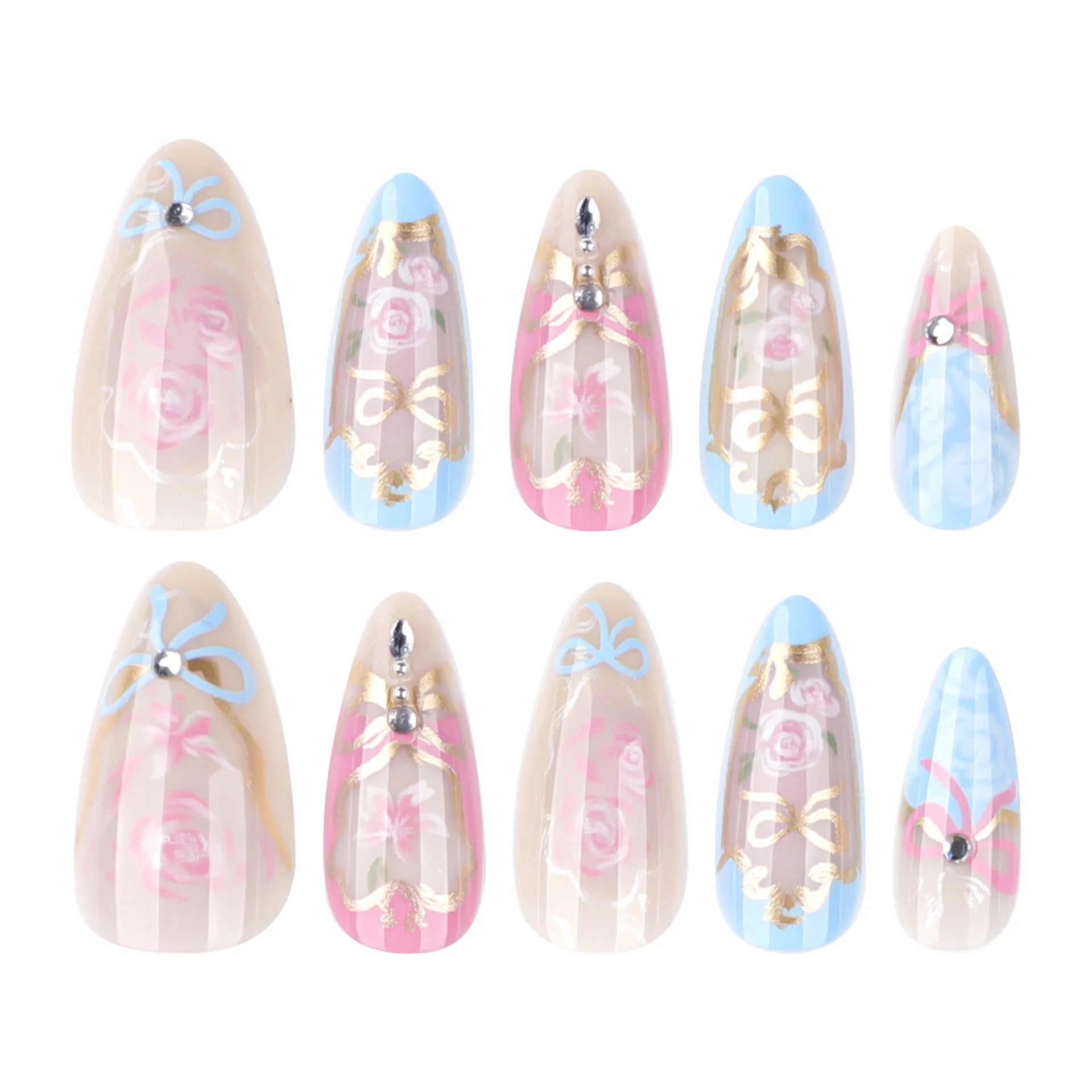 24pcs Sweet Rose Pattern False Nails Ins Korean Girl Fake Nails Tips Wearable Detachable Sweet Cool Almond Press on Nails