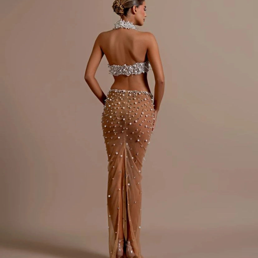 Fashion Women Sexy Off the Shoulder Pearl Beading 2 Pieces Bodycon Long Dress Mesh See Through Nightclub Party Celebrate Dress